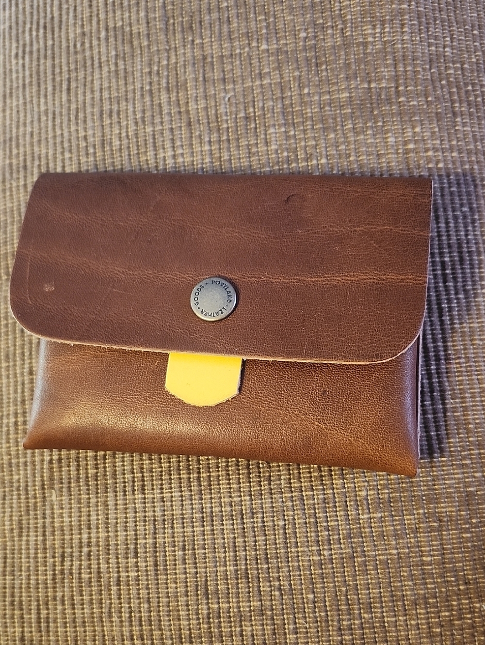 New! Portland Leather Brown Leather Euro Wallet with Yellow Accent